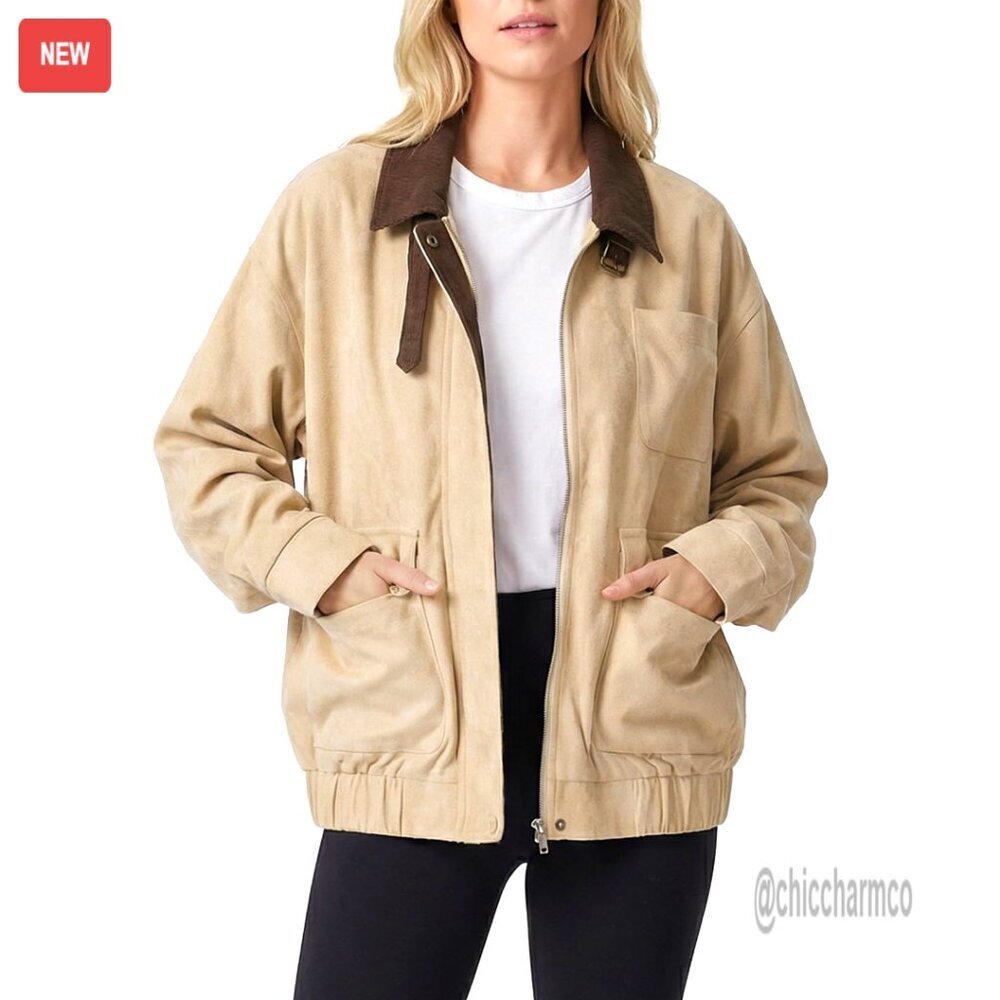 Faux Suede Bomber Jacket Oversized Barn Coat Corduroy Collar Women's Outerwear